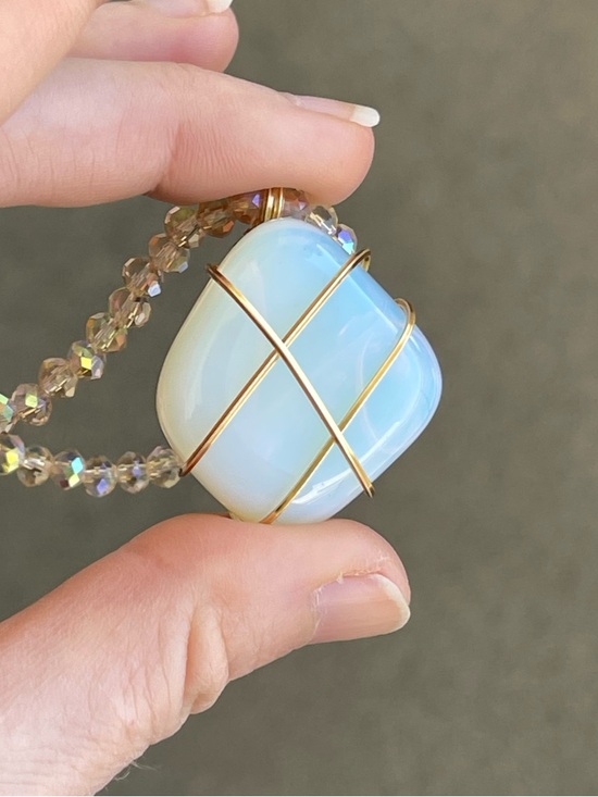 beads&bellbottoms Jewelry - Milky White Opalite Gold Tone Wire Wrap on a Glass White AB Beaded Chain